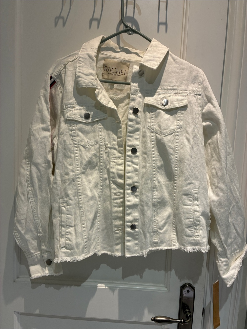RACHEL ROY White Denim Jacket Classic Button-Up with Sleeve Stripes